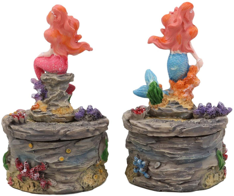 Ebros 4" Tall Blue and Pink Tailed Mermaid Mergirl Sisters Sitting On Coral Rocks Decorative Box Figurine Set of 2 Trinket Jewelry Keepsake of Under The Sea Ocean Marine Life Decor - Ebros Gift