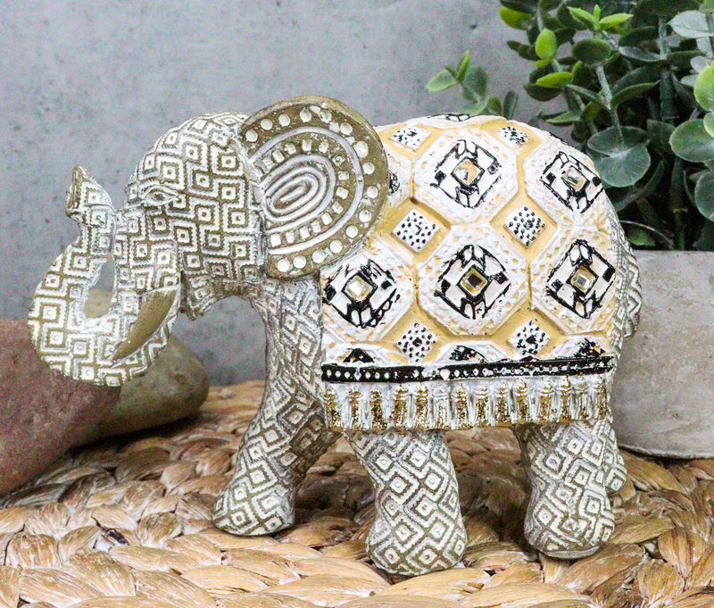 Ebros Silver Geometric Elephant Statue with Unique Tapestry Blanket Design 6.25" Long