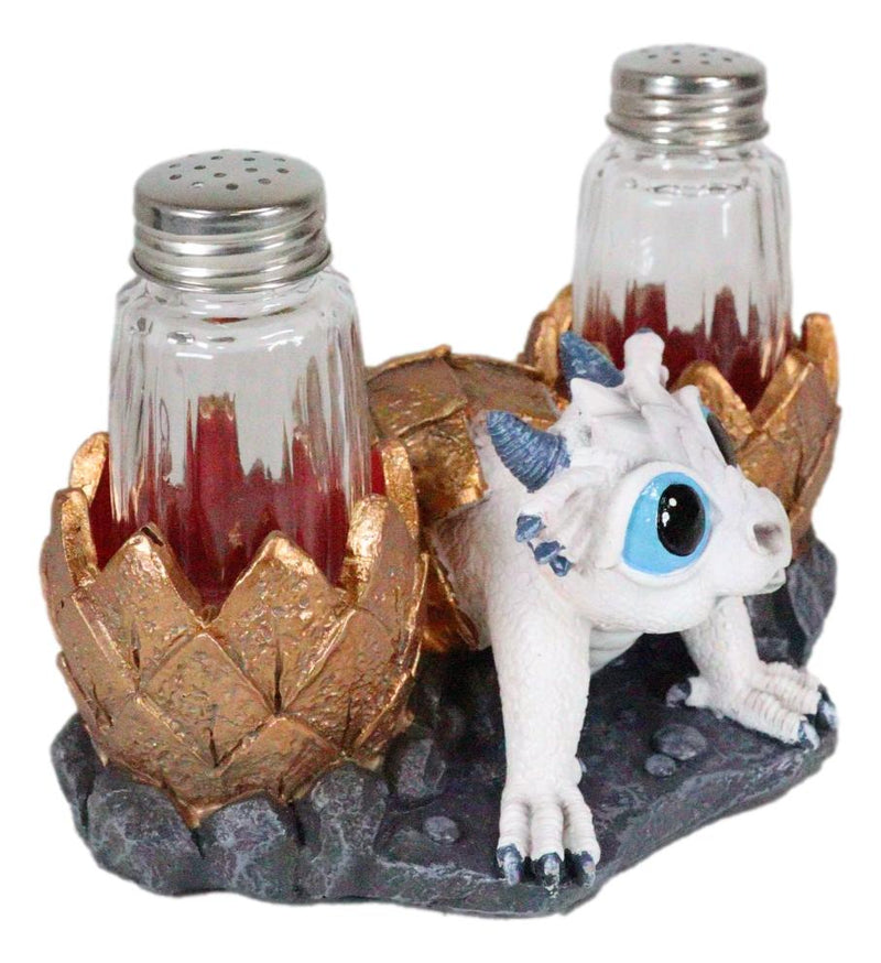 Frozen White Dragon Hatchling In Golden Egg Salt And Pepper Shakers Set Holder