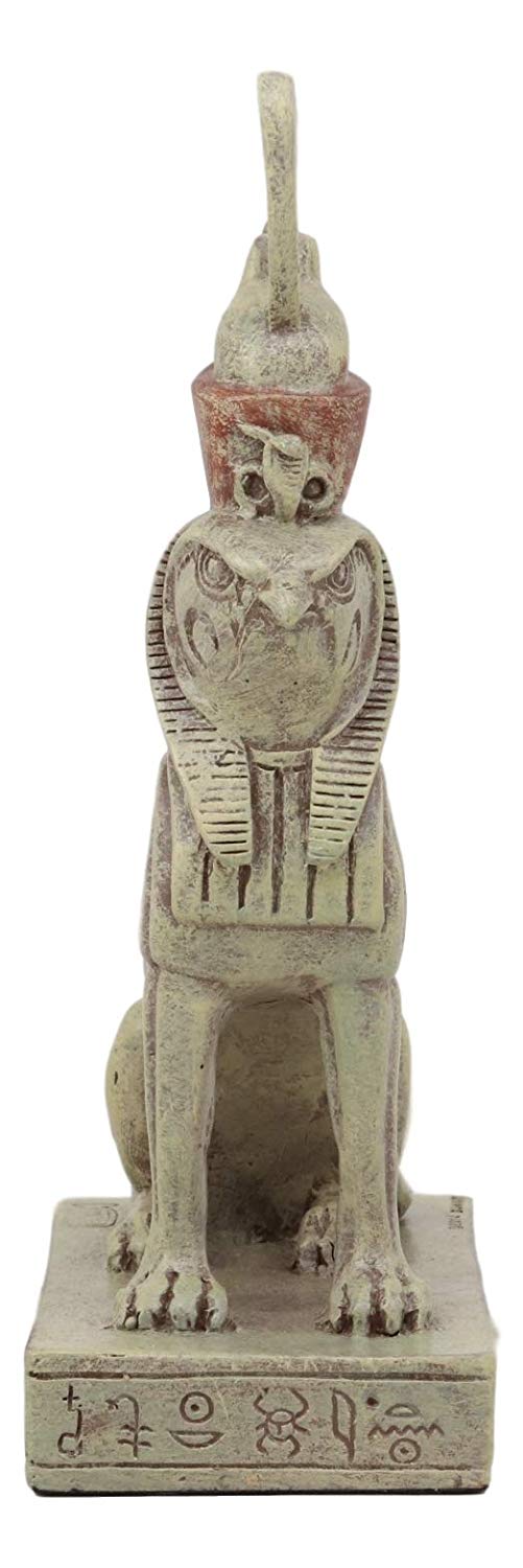 Ebros God of Egypt Horus Falcon Bird with Pschent Crown in Sphinx Body Statue with Egyptian Hieroglyphic Base 6.25" Tall