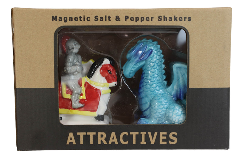 Ceramic Saint George The Knight And Blue Dragon Salt Pepper Shakers Figurine Set