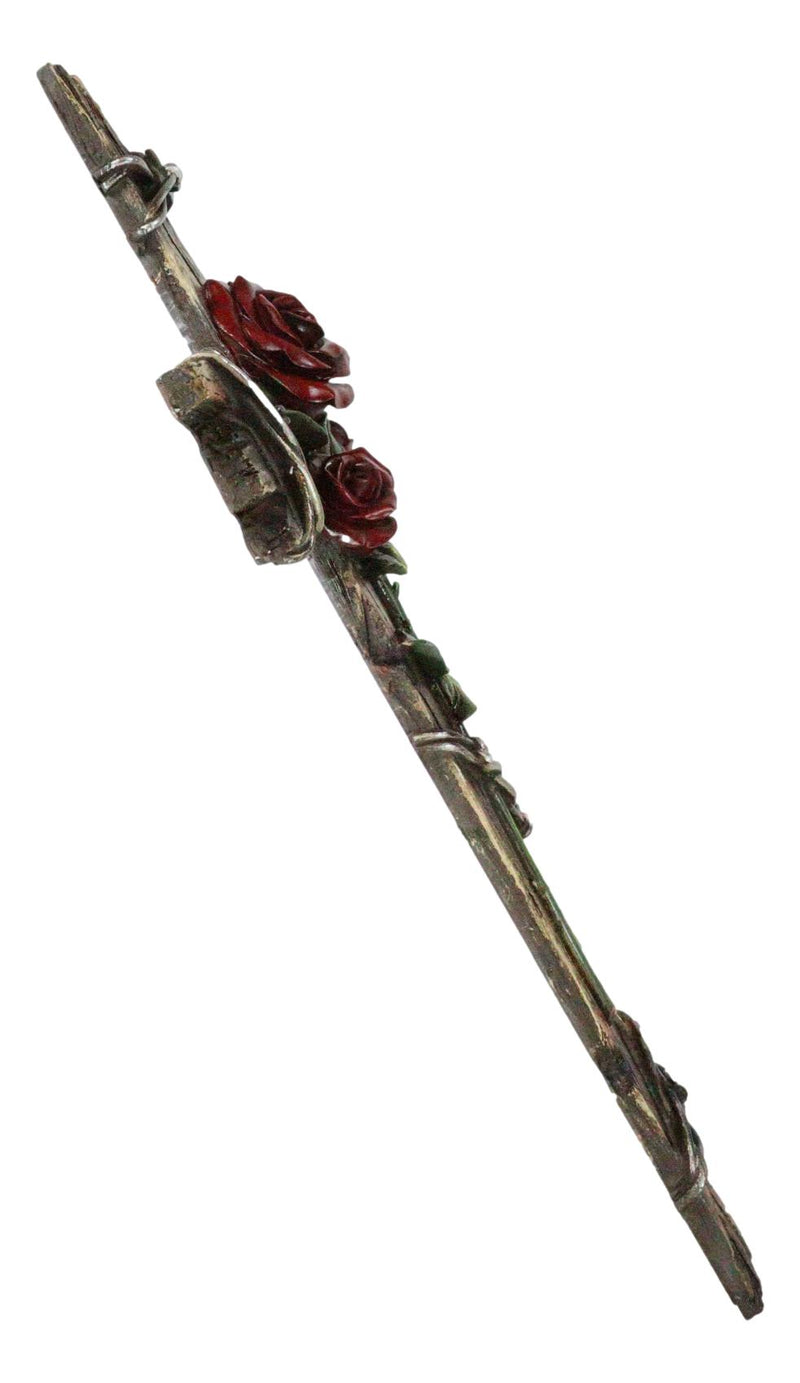 Rustic Western Faux Wooden Valentine Love Red Roses With Barbed Wires Wall Cross