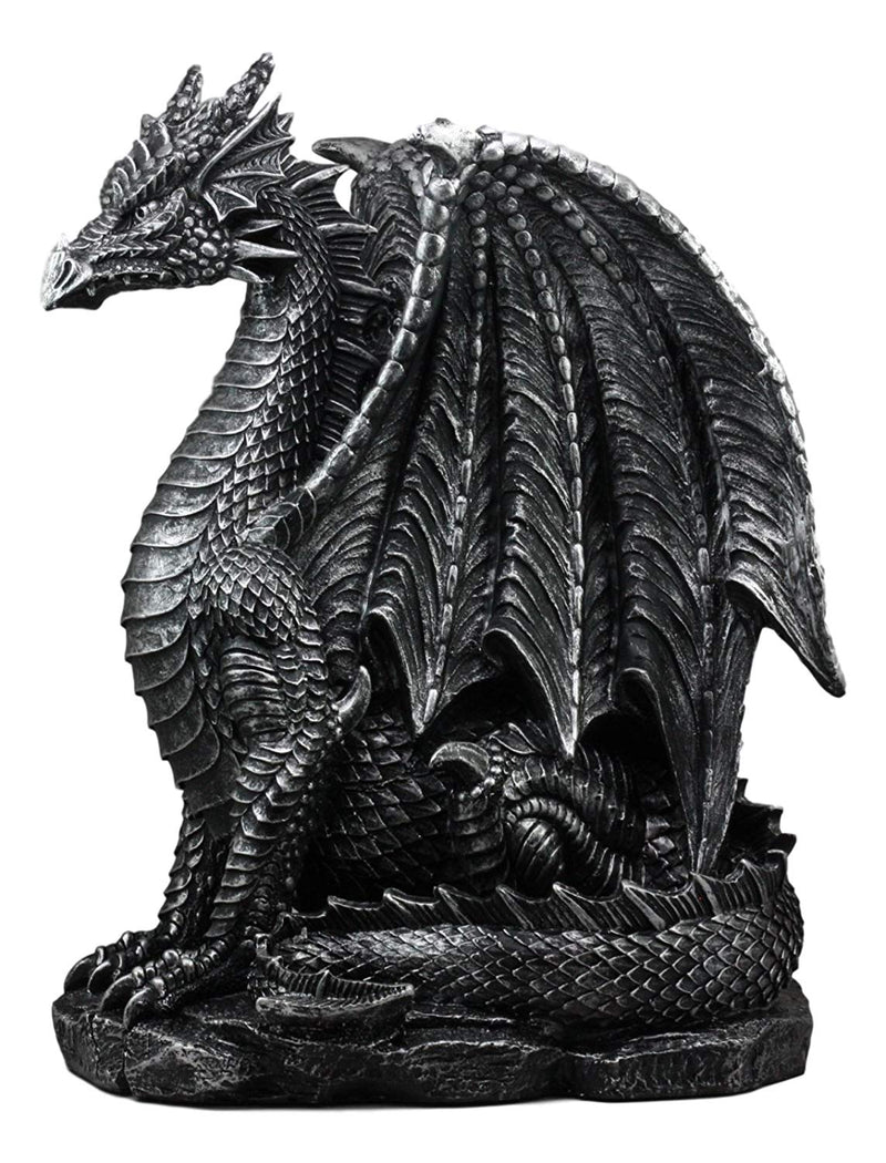 Large Medieval Sentry Abraxas Fantasy Black Dragon On Guard Statue 18"Tall Decor