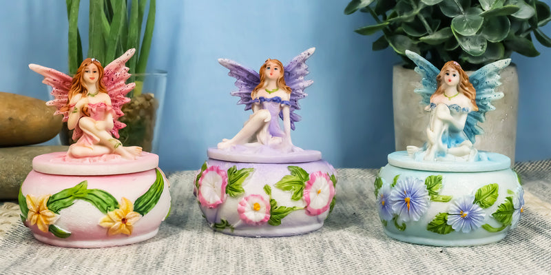 Ebros Gift Set of 3 Colorful Pastel Pink Blue Purple Flower Fairy Small Round Trinket Jewelry Box Figurines 3.25" High