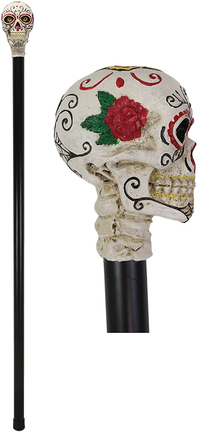 White Colorful Day Of The Dead Skull Prop Accessory Walking Cane For Parties