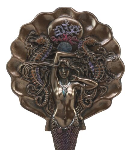 Art Nouveau Sirens of The Seas Mermaid With Seahorses Hand Mirror Figurine 11"H