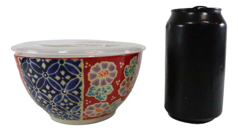 Ebros Set of 2 Ceramic Blue Red Floral Patterns Portion Meal Bowls 3 Cups Airtight Lid