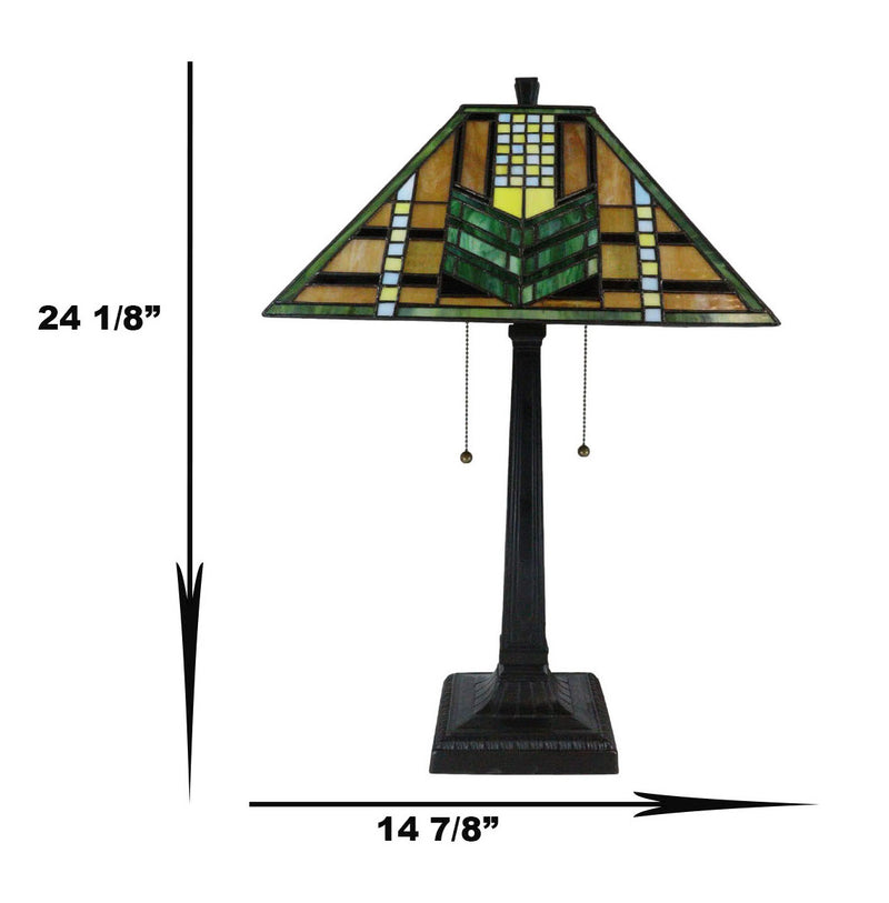 Louis Comfort Tiffany Mission Style Geometric Green Arrow Glass Shade Table Lamp