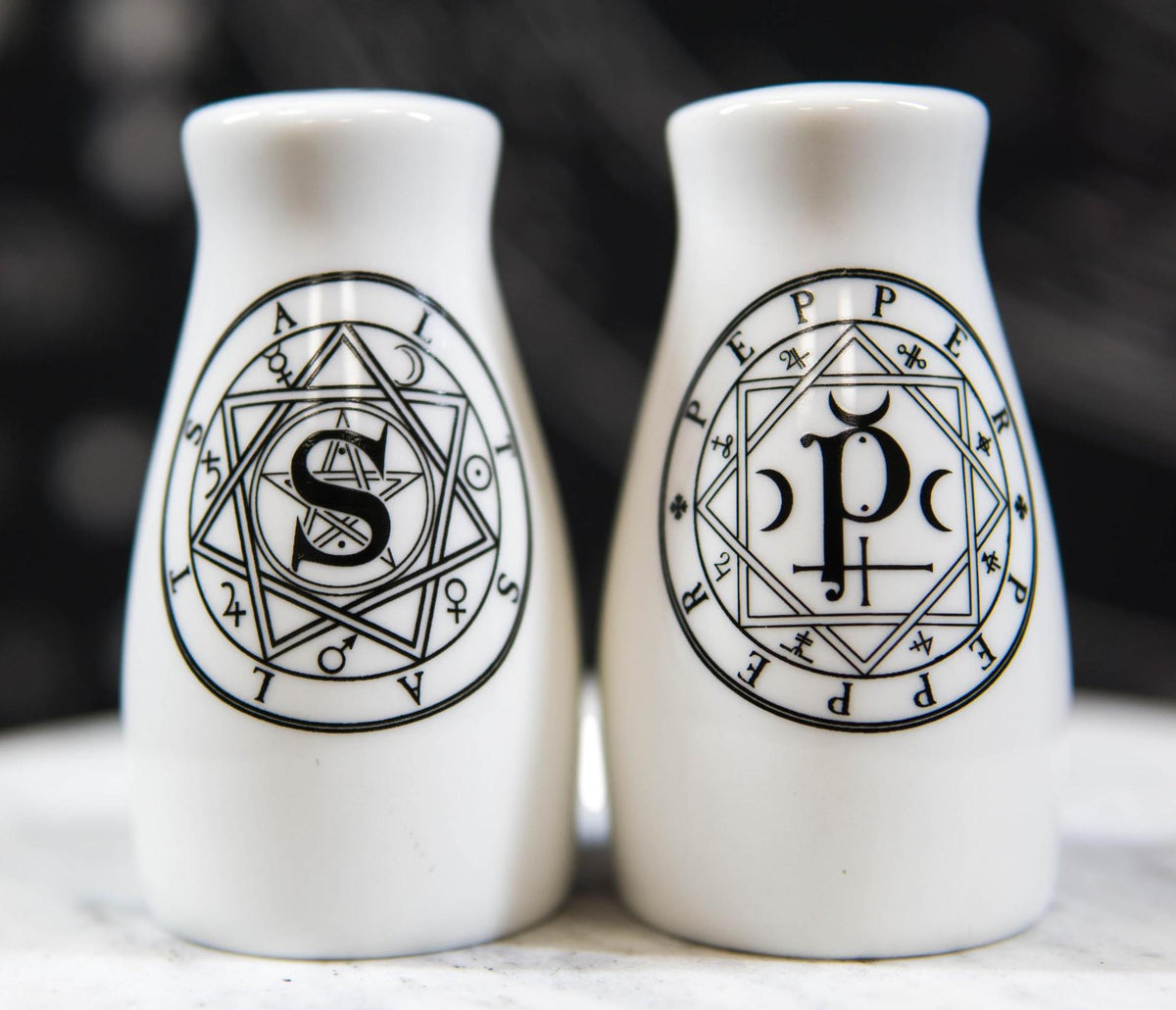 Wicca Sacred Geometry Pentacles Crescent Moons Ceramic Salt n Pepper Shakers Set - Ebros Gift