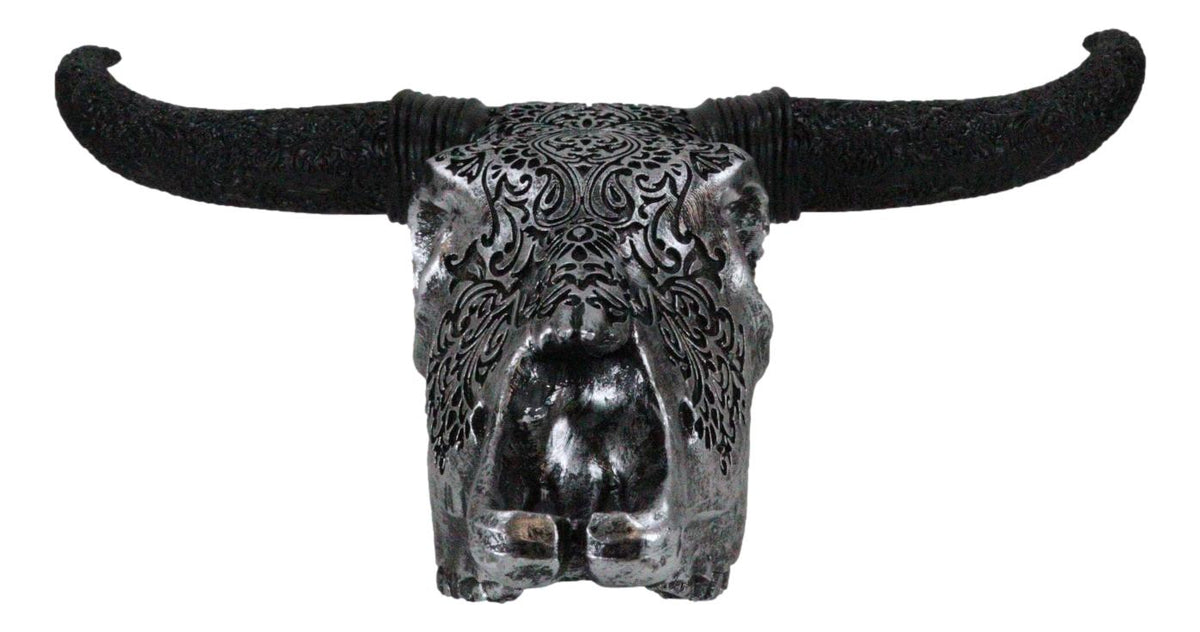 Western Floral Tribal Tattoo Tooled Bison Bull Cow Skull Wall Decor Plaque