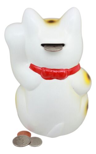 Japanese Luck Fortune Charm White Beckoning Cat Maneki Neko Money Bank Statue