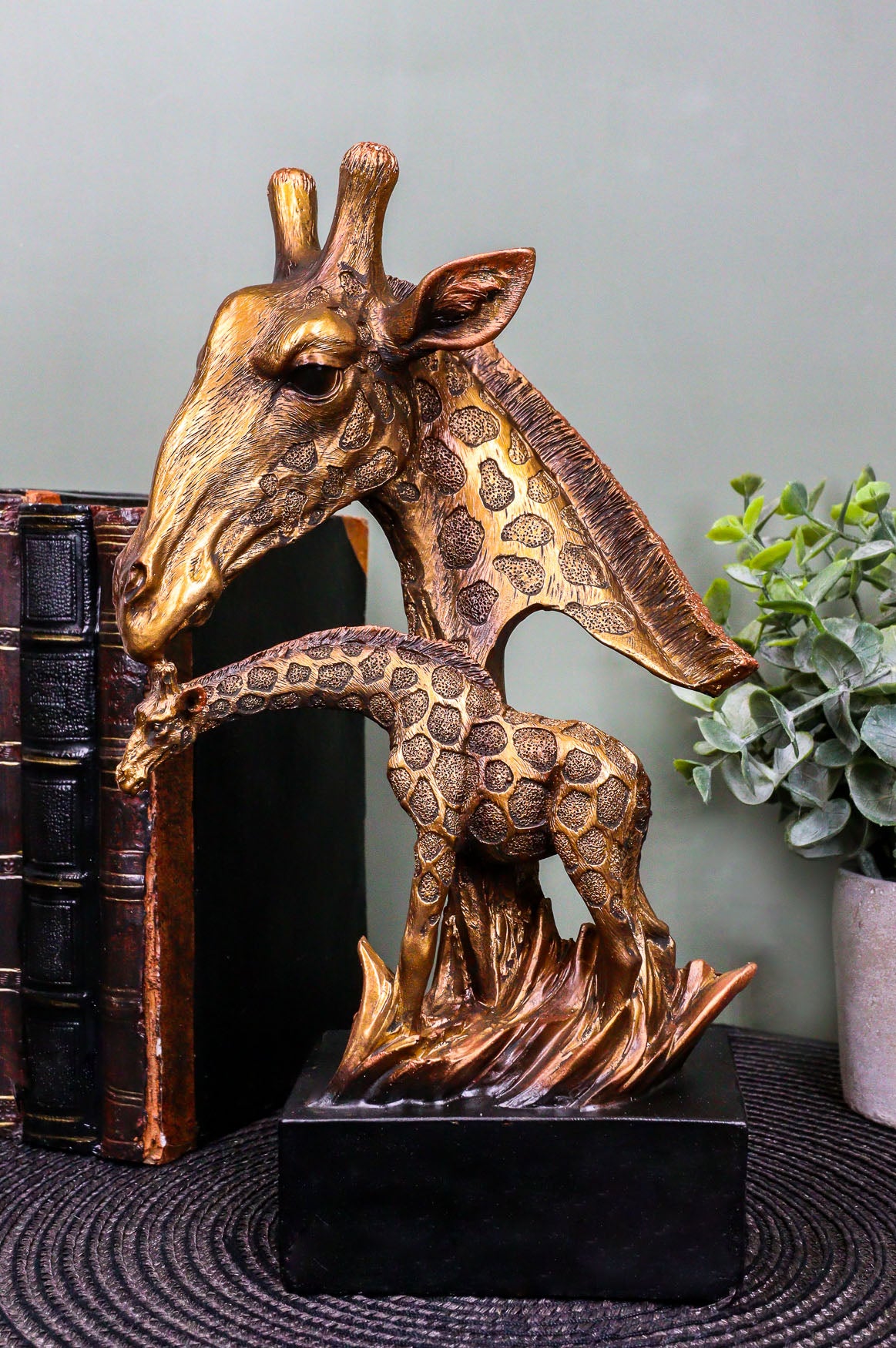 Ebros Giraffe Head Bust with Full Bodied Calf Statue On Pedestal Base 9.75" H