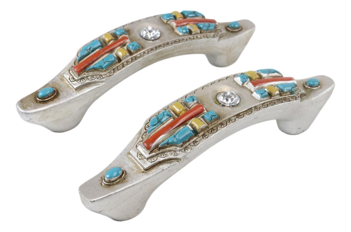 Set of 4 Rustic Southwestern Turquoise Cross Gemstones Crystal Cabinet Bar Pulls - Ebros Gift