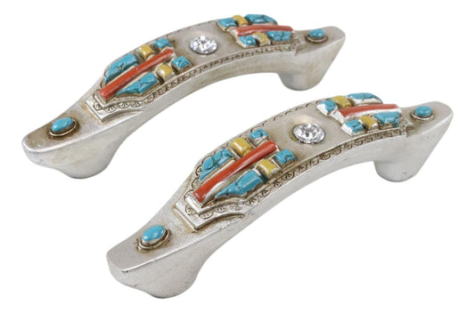 Set of 4 Rustic Southwestern Turquoise Cross Gemstones Crystal Cabinet Bar Pulls - Ebros Gift