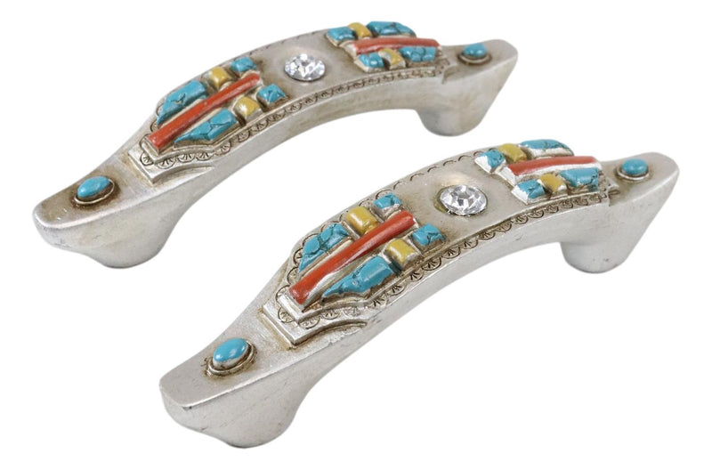 Set of 4 Rustic Southwestern Turquoise Cross Gemstones Crystal Cabinet Bar Pulls
