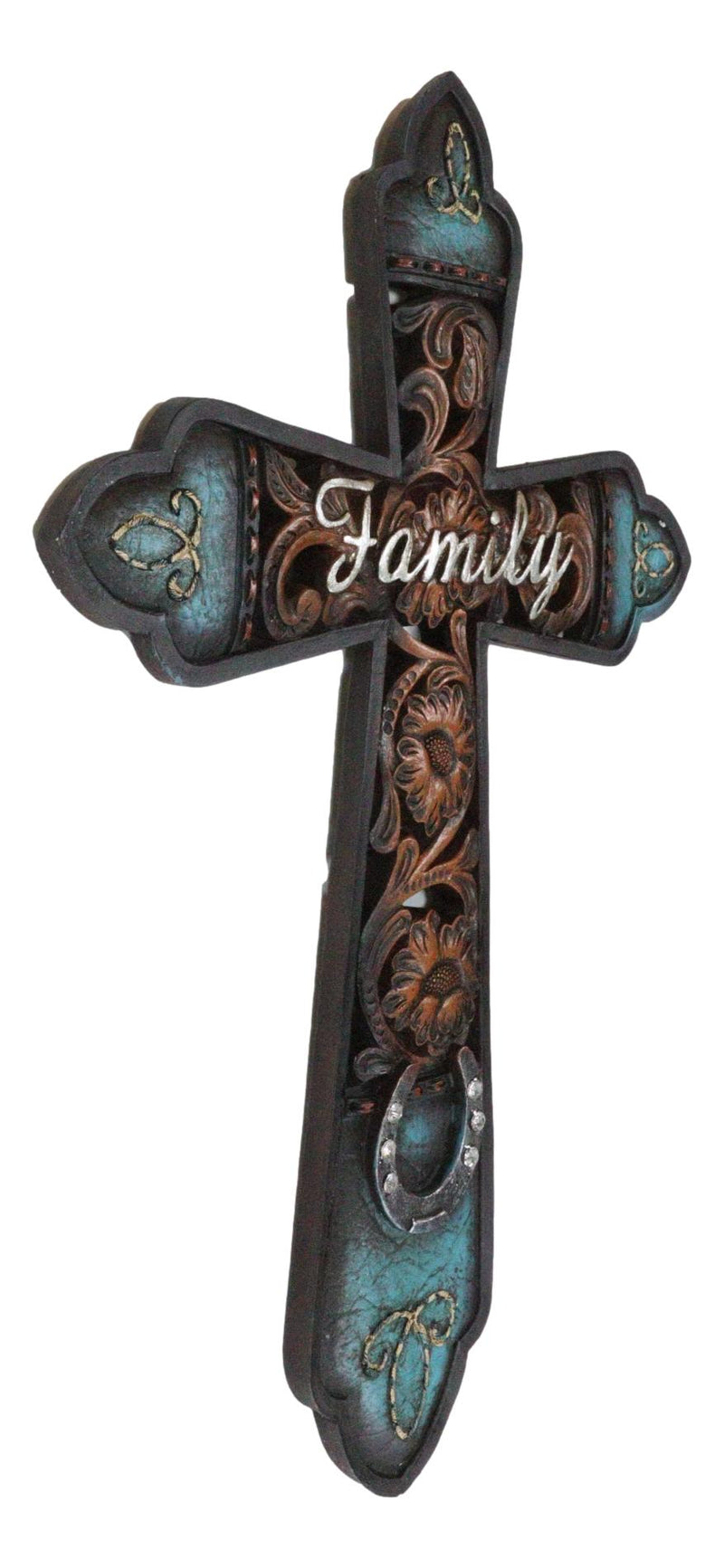 Western Family Tooled Tuscan Fleur De Lis Floral Scrollwork Horseshoe Wall Cross