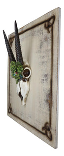Rustic Western Oryx Gazelle Antelope Skull With Green Roses Wall Decor Plaque