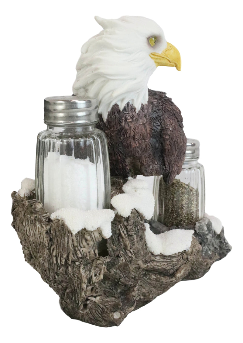 American Bald Eagle By Tree Branch Glass Salt & Pepper Shakers Holder Figurine