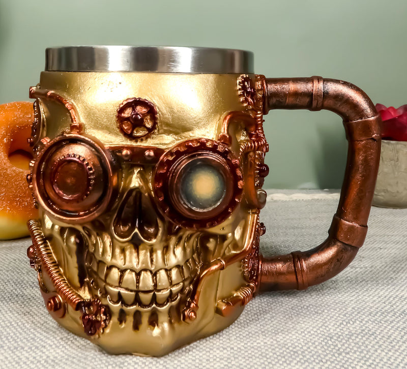 Golden Steampunk Detective Skull Coffee Mug Mechanical Gearwork Pipeline Design