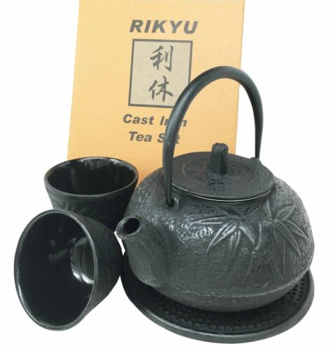 Japanese Evergreen Bamboo Black Traditional Heavy Cast Iron Tea Pot Set For 2