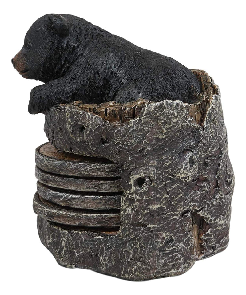 Ebros Rustic Black Bear Cub Tree Trunk Stump Coaster Holder With 4 Coasters Set