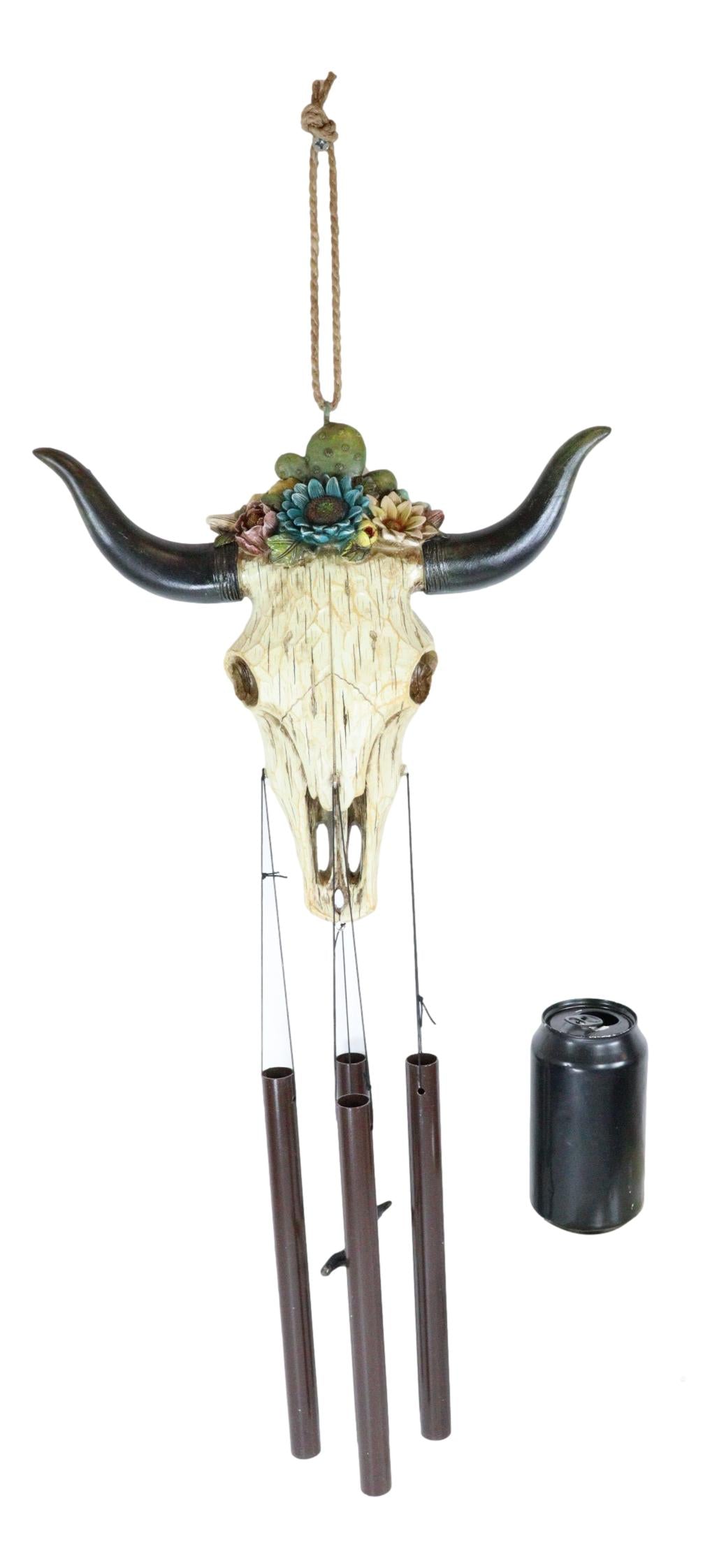 Southwest Rustic White Faux Wood Cow Skull With Floral Succulents Wind Chime