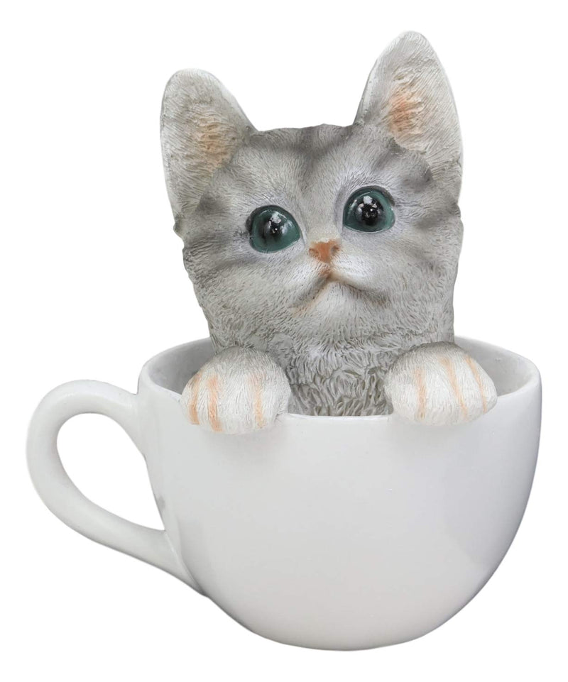 Ebros Lifelike Grey Tabby Cat in White Teacup Pet Pal Statue 6" Tall Kitten Kitty Gray Cats with Glass Eyes Decor Figurine