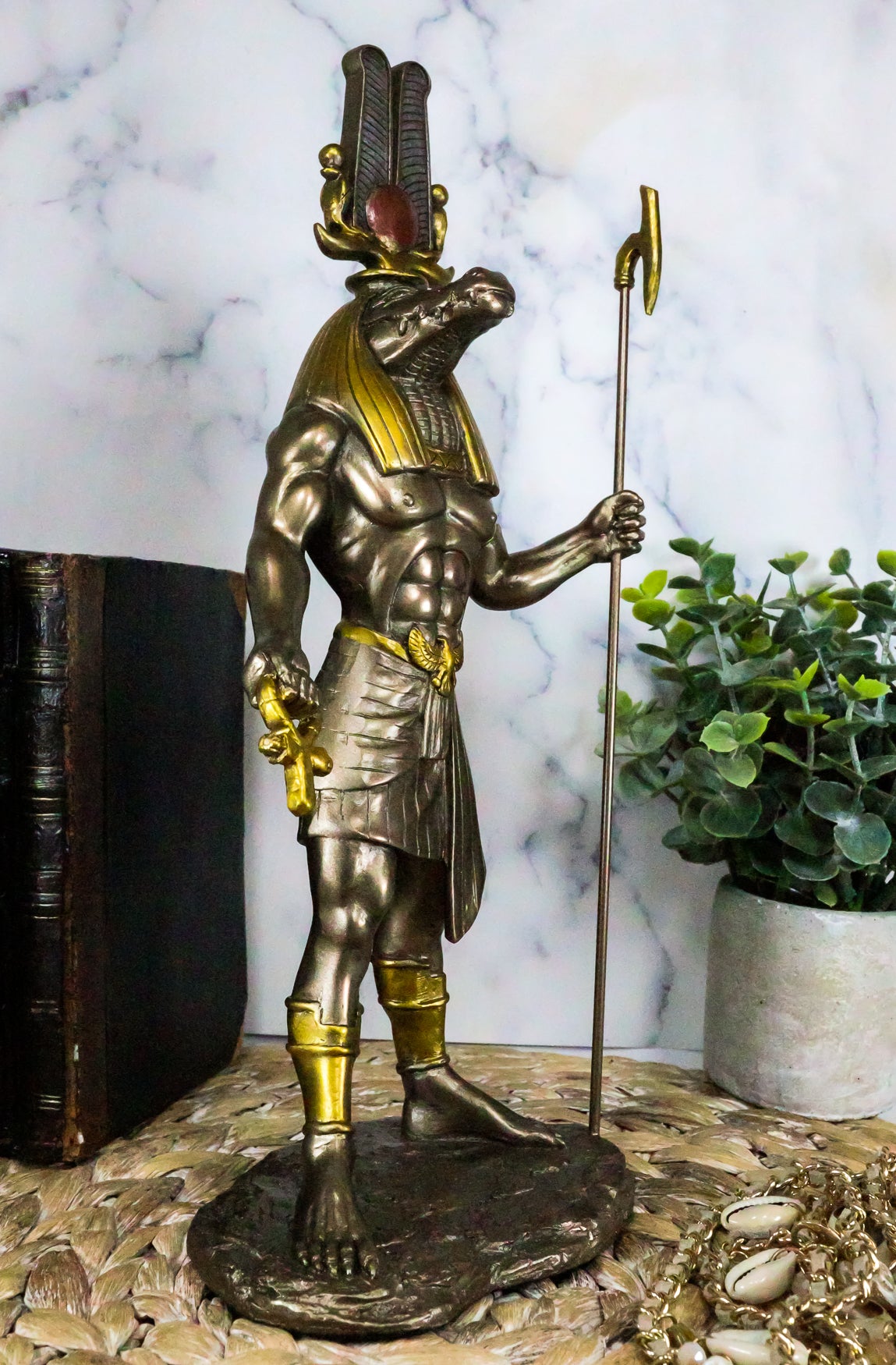 Egyptian God of The Nile Military Prowess Sobek with Ankh Sculpture 12"H Figurine