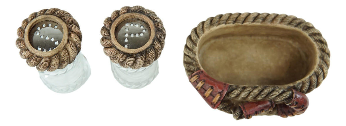 Rustic Western Cowboy Braided Lasso Ropes Salt And Pepper Shakers With Holder Set