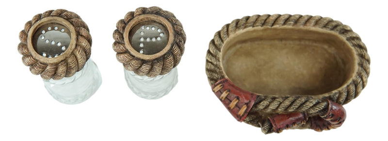 Rustic Western Cowboy Braided Lasso Ropes Salt And Pepper Shakers With Holder Set