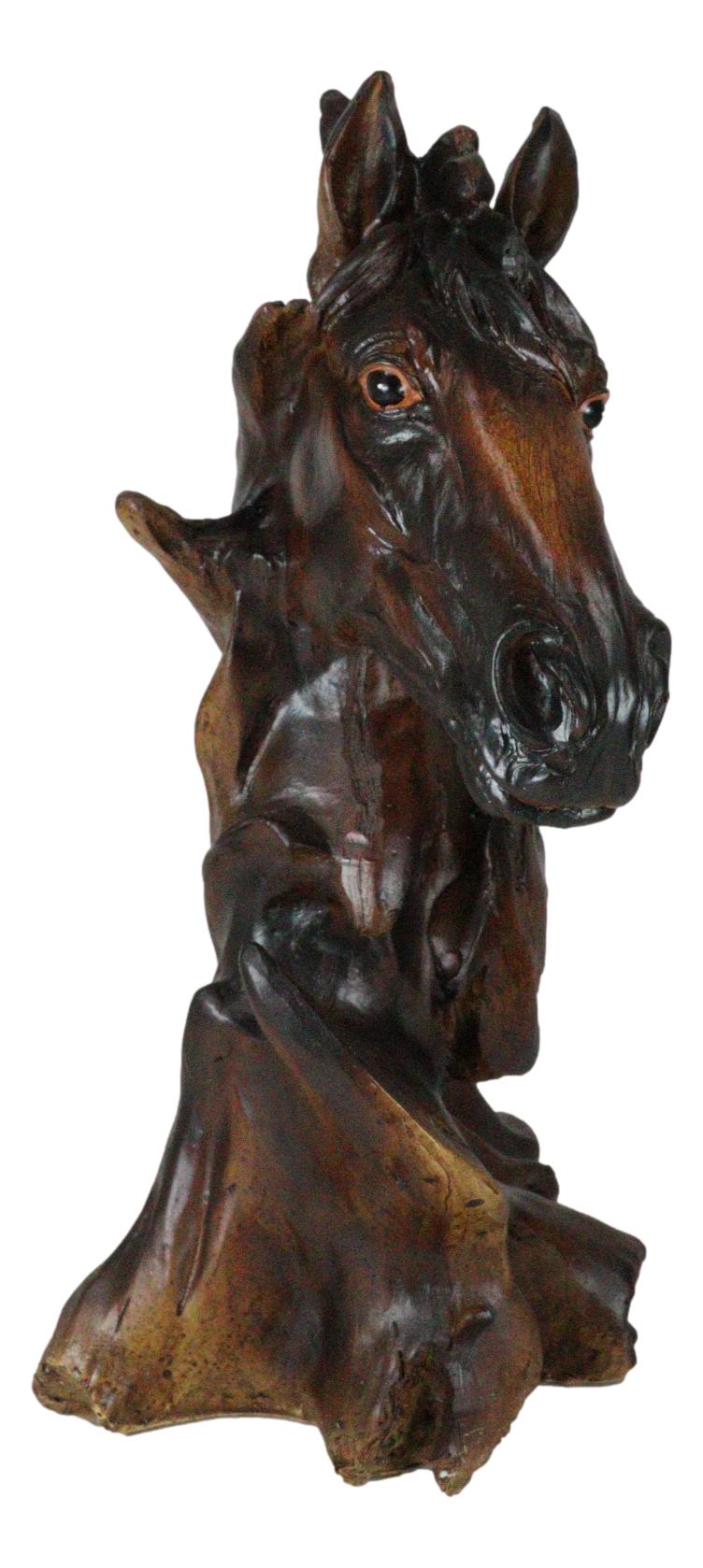 Wild Stallion Horse Bust Statue 11"H Resin Decor In Faux Wood Dark Mahogany