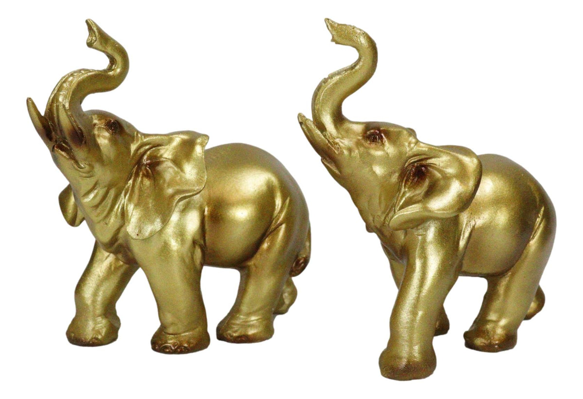 Feng Shui Gold Patina Elephant Left And Right Pair Figurines With Trunks Up - Ebros Gift