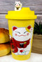 Ebros Gift Lucky Cat Maneki Neko Ceramic Tall Drink Mug Cup With Silicone Lid (Yellow)