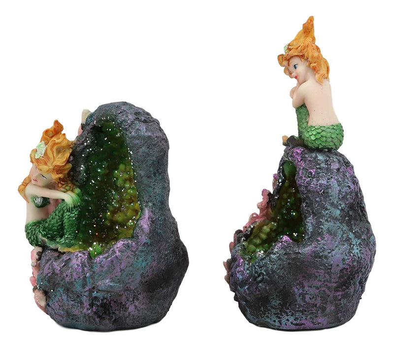 Ebros Nautical Ocean Mermaid Mergirl Sitting by Geode Crystal Cavern Under The Sea Statue with LED Accent Night Lights Set of 2