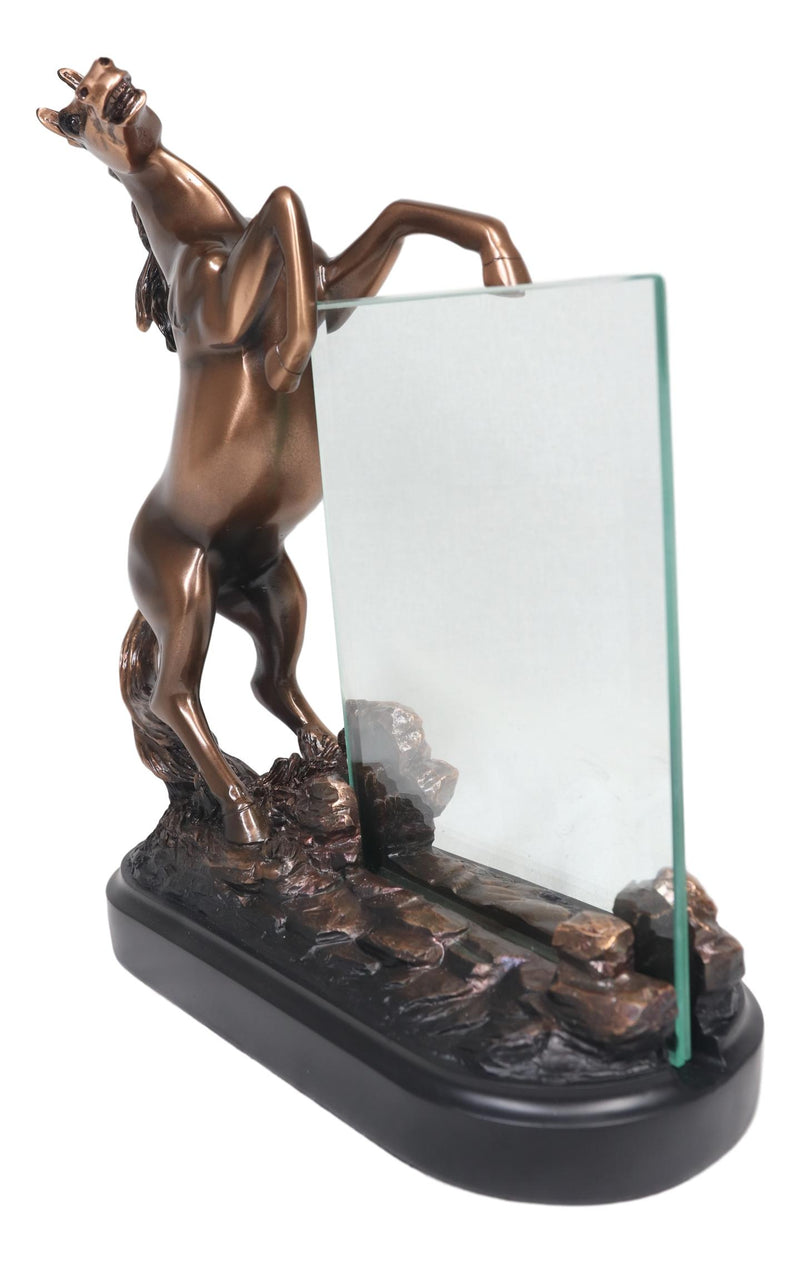 Ebros Rustic Western Wild Rearing Horse Statue With 4"X6" Glass Picture Frame