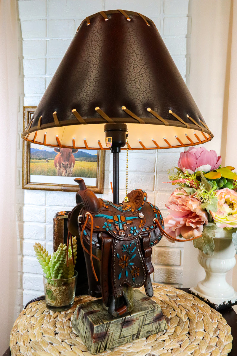 Western Cowboy Faux Tooled Leather Turquoise Art Horse Saddle Table Lamp Decor