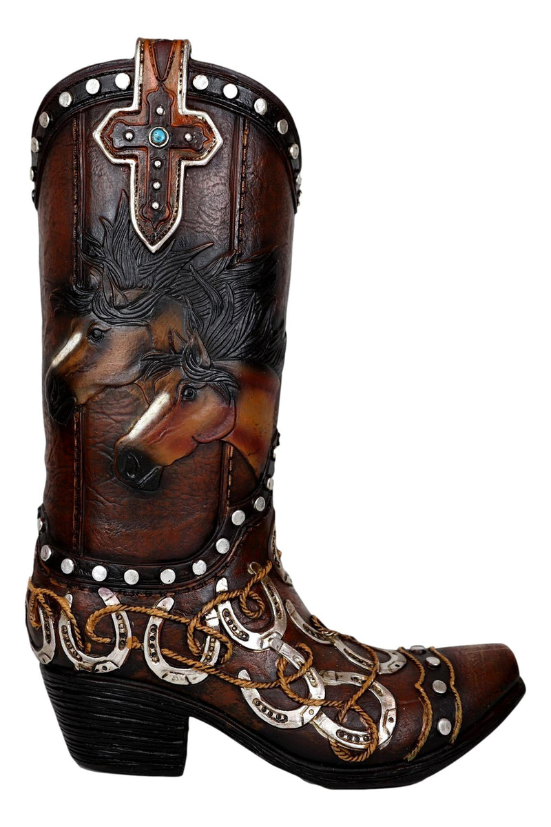 Rustic Western Running Horses Horseshoes And Cross Cowboy Boot Vase Sculpture