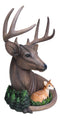 Rustic 8 Point Buck Deer With Whitetail Fawn By Pine Trees Faux Wood Figurine