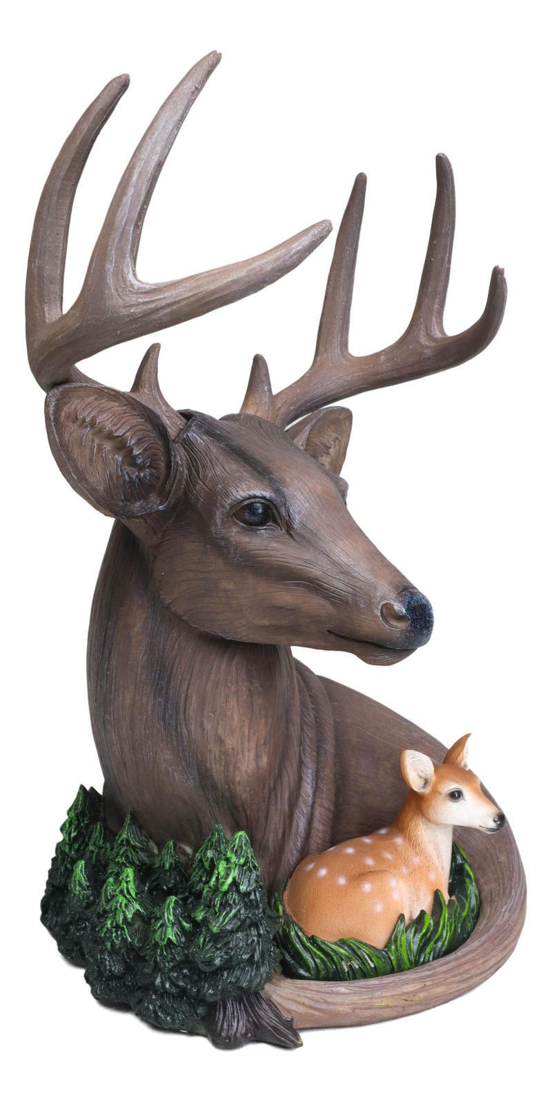 Rustic 8 Point Buck Deer With Whitetail Fawn By Pine Trees Faux Wood Figurine