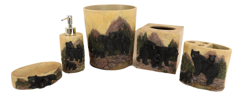 Western Rustic Pine Forest Mountain Black Bear With Cubs 5 Piece Bathroom Set