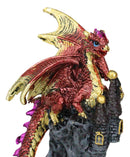 Metallic Crimson Red Dragon Guarding Castle Tower On Mountain Cliff Figurine