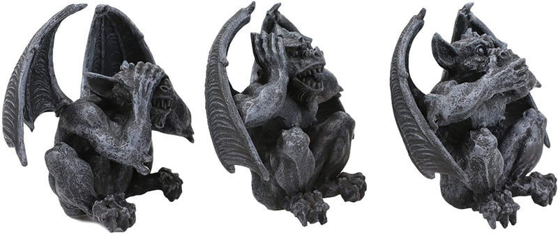 Ebros Winged See Hear Speak No Evil Squatting Gargoyle Shelf Sitters 3.75" Tall