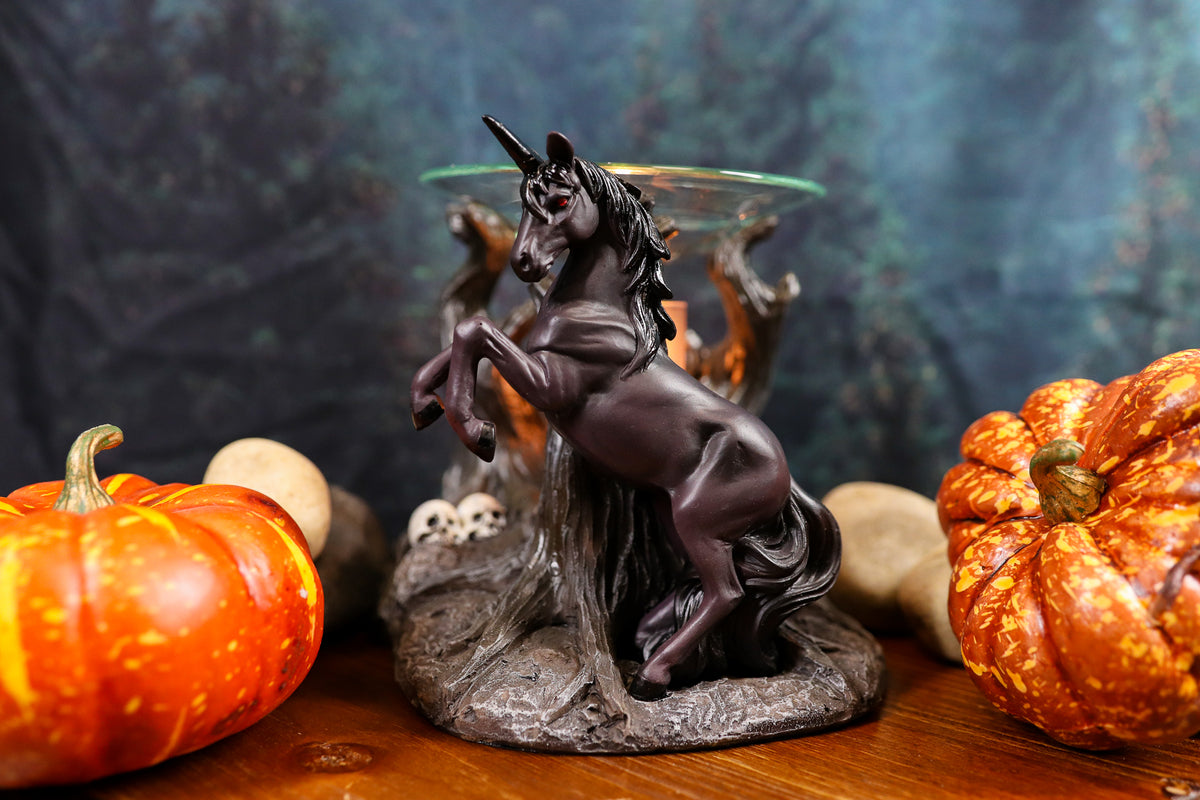 Ebros Fantasy Black Macabre Unicorn By Graveyard Of Skulls Electric Oil Burner Statue
