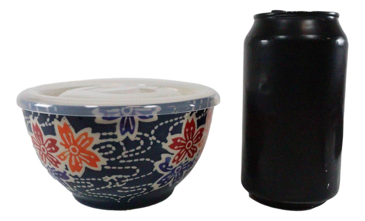 Ebros Set of 2 Ceramic Blue Cherry Blossoms Portion Meal Bowls 2 Cups W/ Airtight Lid