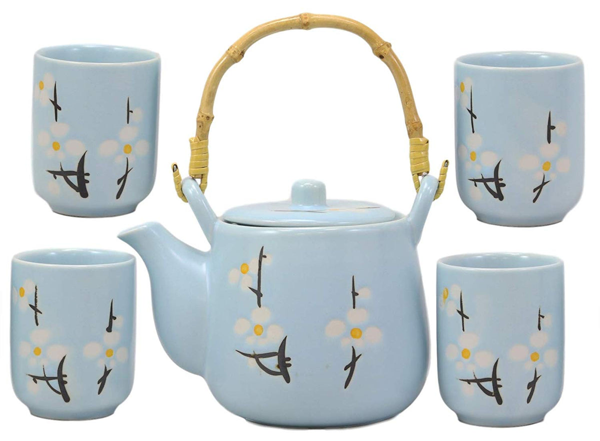Ebros Gift Japanese Sakura Pastel Sky Blue Cherry Blossom Design Porcelain 20oz Tea Pot and 4 Cups Set Home Decor Asian Living Teapots Decorative Party Hosting Dining Table Accessories - Ebros Gift
