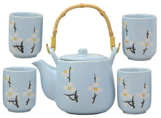 Ebros Gift Japanese Sakura Pastel Sky Blue Cherry Blossom Design Porcelain 20oz Tea Pot and 4 Cups Set Home Decor Asian Living Teapots Decorative Party Hosting Dining Table Accessories - Ebros Gift