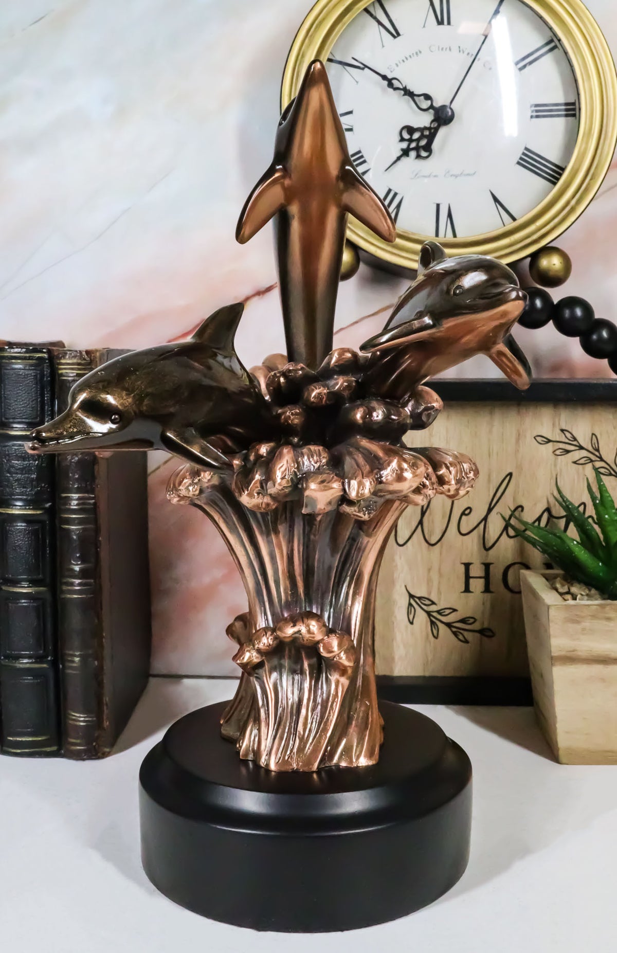 Bronze Electroplated Three Bottlenose Dolphins Riding Over Ocean Waves Statue