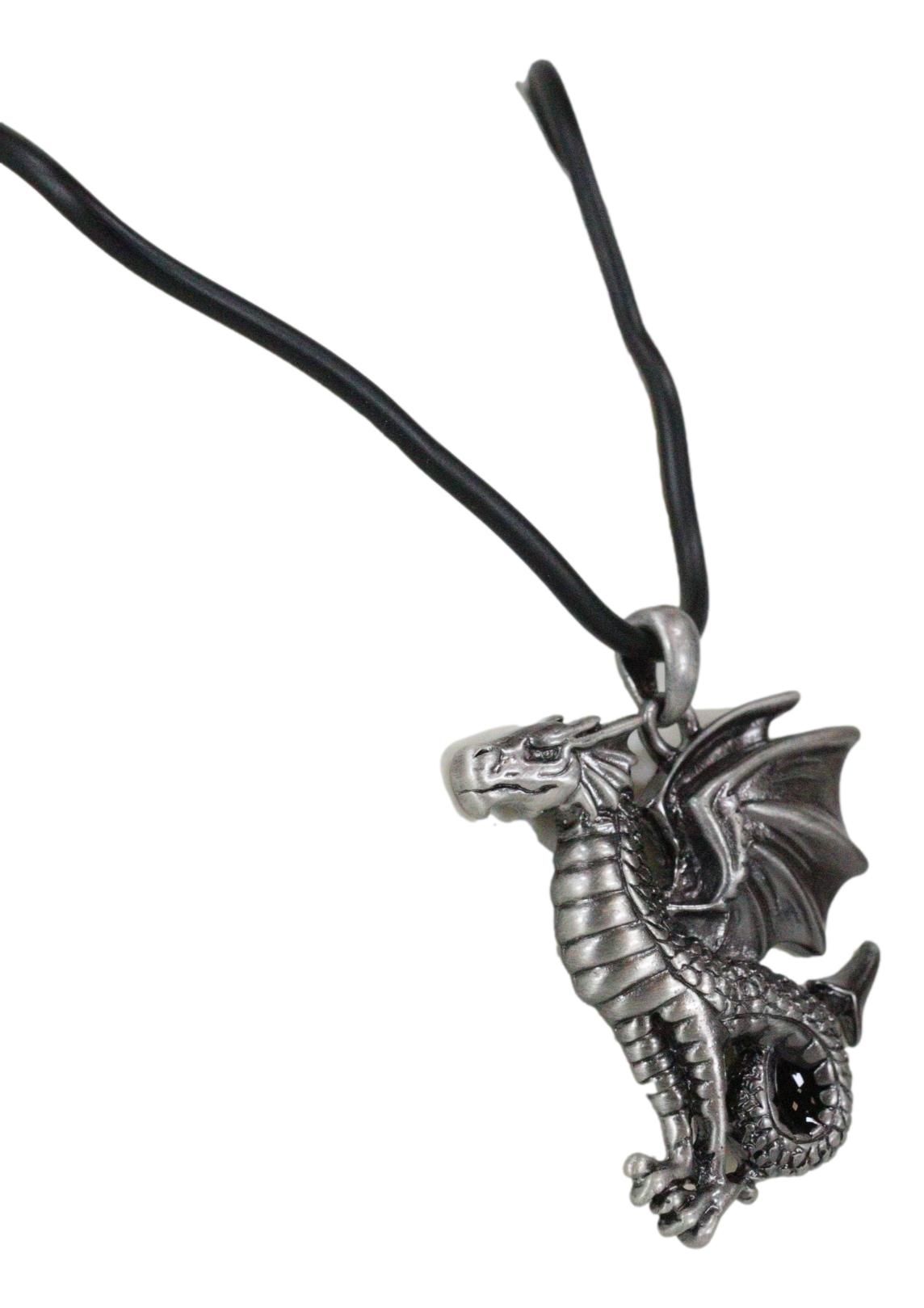 Ebros Dragon Jewelry Pewter Alloy Medallion Pendant with Rubber Cord Necklace