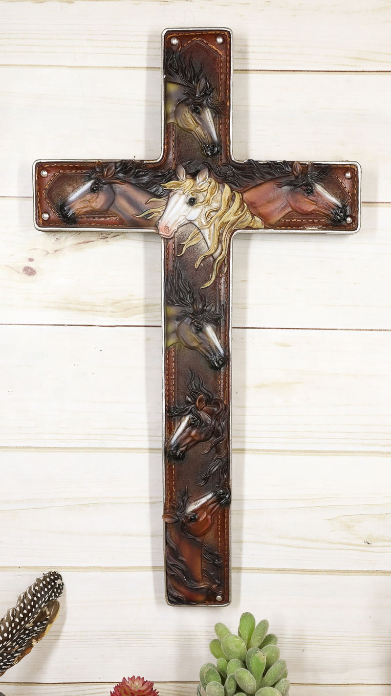 18"H Rustic Western Colorful Horses Faux Tooled Leather Wall Cross Decor Plaque