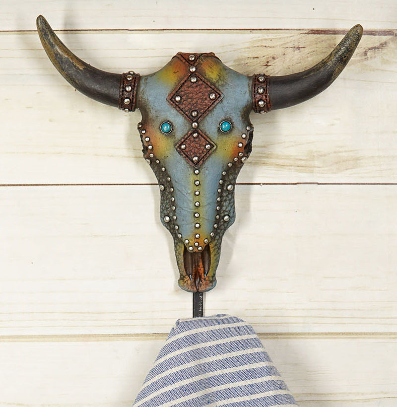 Set Of 2 Western Faux Wood And Tooled Leather Steer Bull Cow Skull Wall Hooks